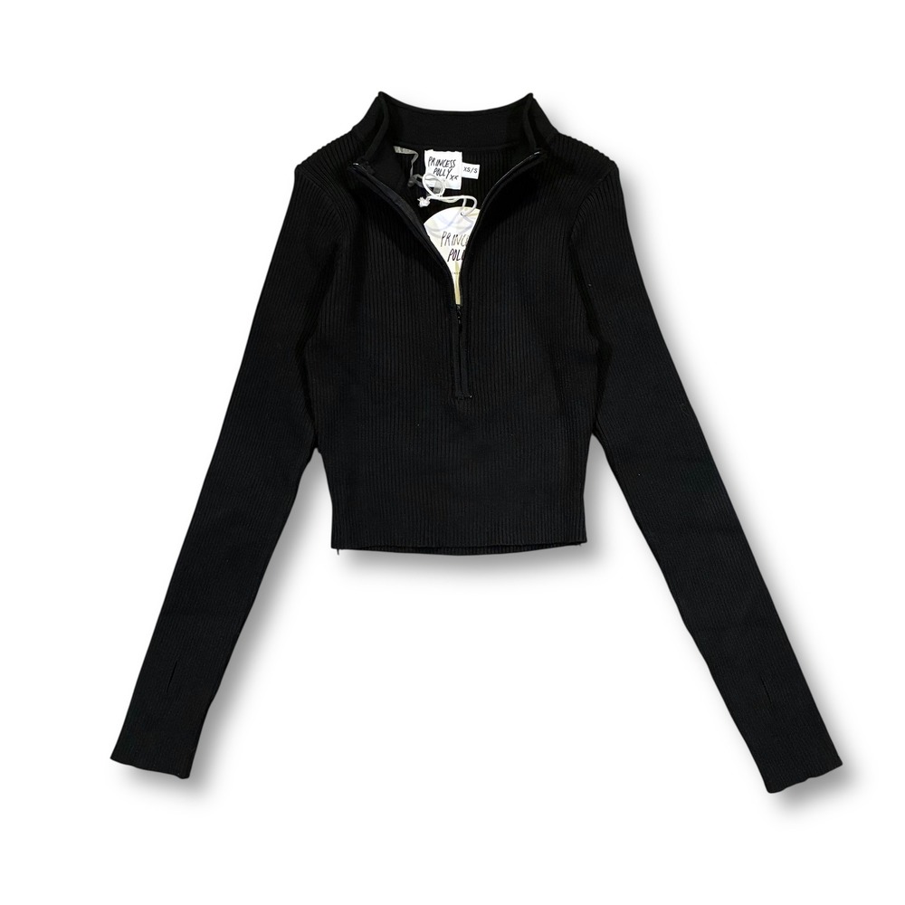 NWT Princess Polly XX Black Ribbed Thumb Hole Cropped Half Zip Pullover Top XS/S
